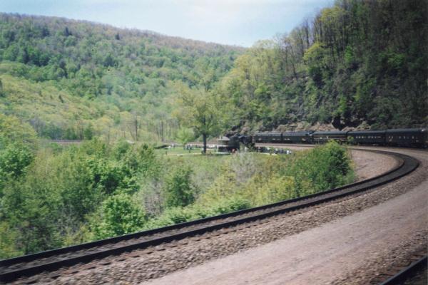 Conrail OCS train at Horseshoe Curve, taken from train