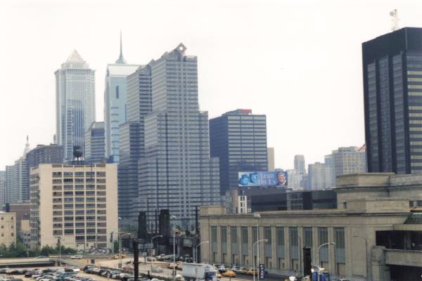Philadelphia skyline, taken from OCS train on High Line