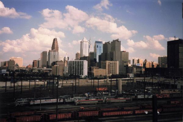 Philadelphia skyline and Amtrak 30th Street Yard, taken from OCS train on High Line