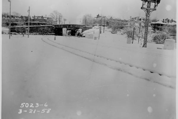 Reading Outer Station in snow, 1958-03-21, photo 3 of 3