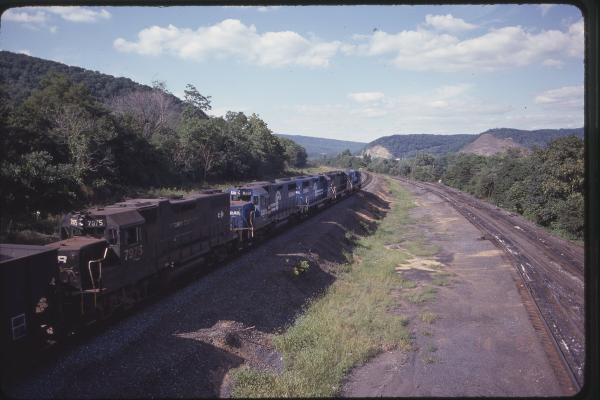 GP38-2s 7975, 8281, 8216, and 8098 with B23-7 1987 Westbound in Enola, PA