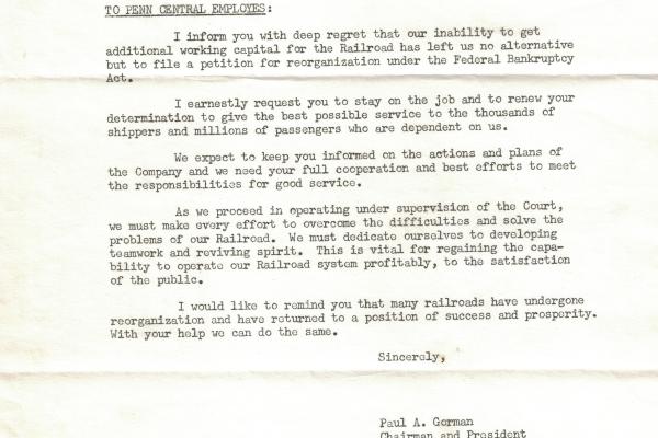 Penn Central Bankruptcy Letter to Employees