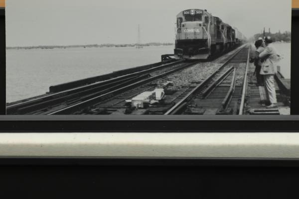 Black & white photo locomotive B36-7 #5011 crossing Bridge 248, Danbury CN