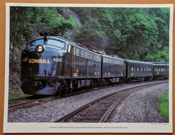 Promotional photo: Conrail's insection train, powered by E8A locomotives, travels near Reading, PA