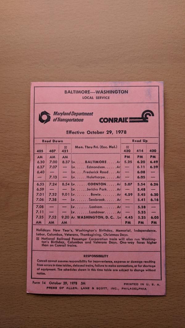 Conrail and Maryland DOT Schedule - Baltimore and Washington - 1978-10-29