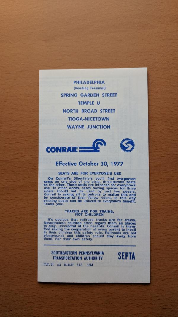 Conrail and SEPTA Schedule - Philadelphia (Reading Terminal), Spring Garden Street, Temple U, North Broad Street, Tioga-Nicetown, Wayne Junction - 1977-10-30