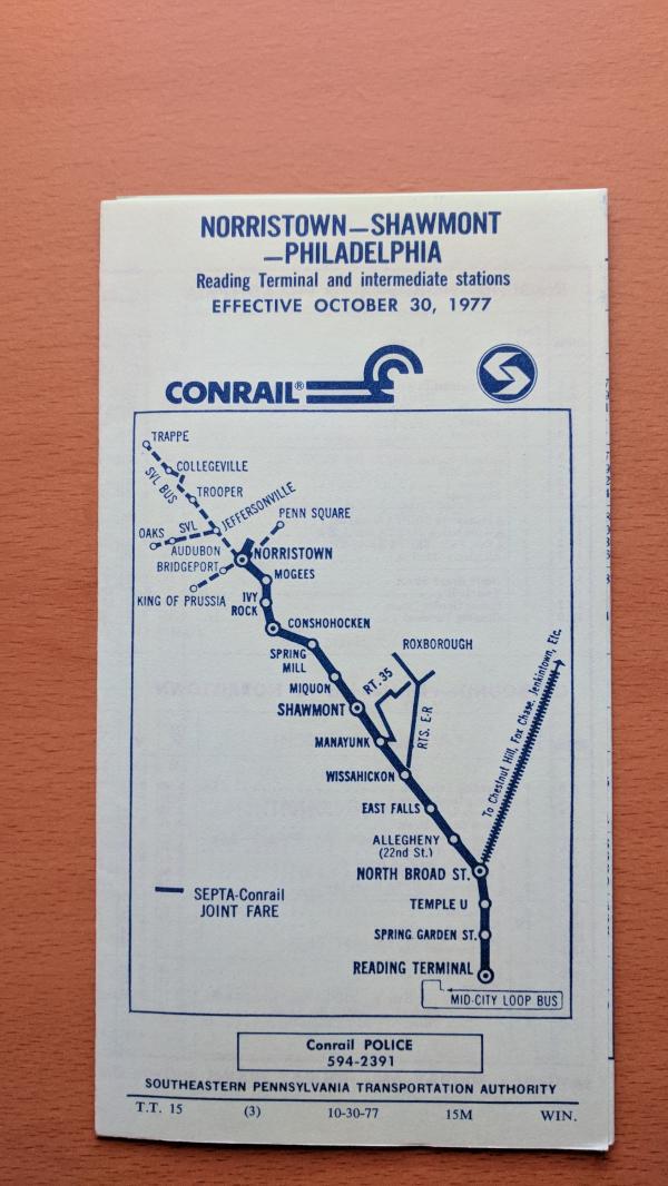 Conrail and SEPTA Schedule - Norristown, Shawmont, and Philadelphia - 1977-10-30
