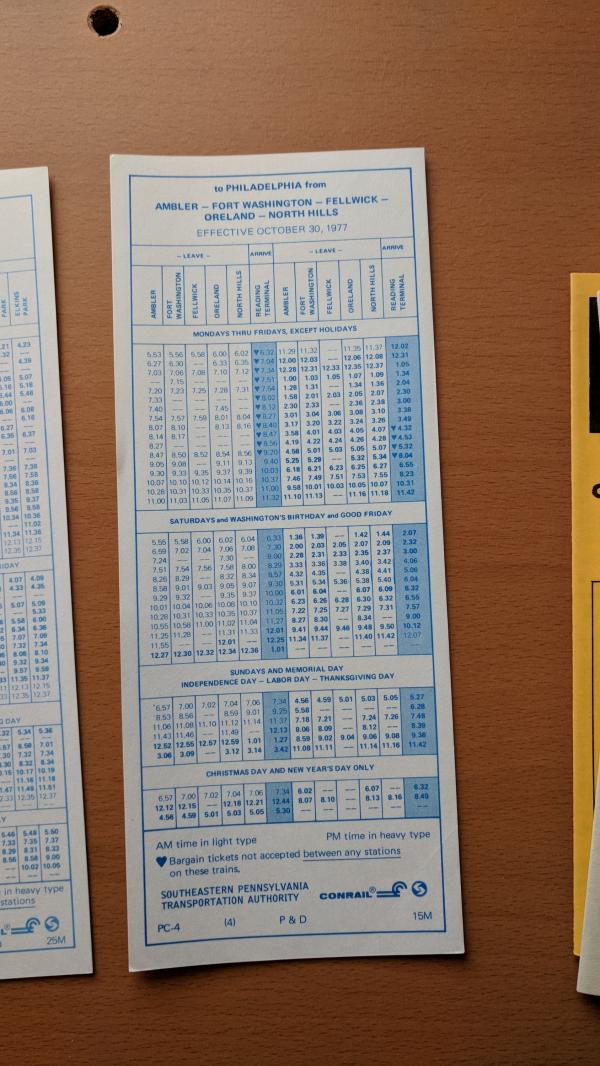 Conrail and SEPTA Schedule - Ambler, Fort Washington, Fellwick, Oreland, North Hills, and Philadelphia - 1977-10-30