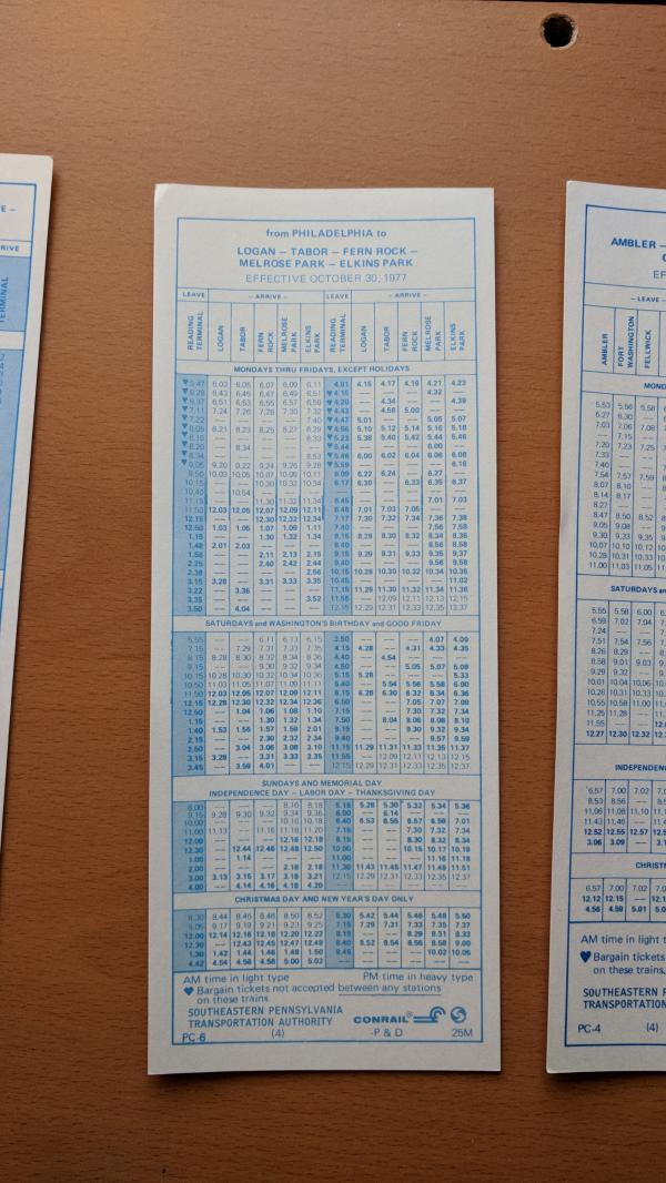 Conrail and SEPTA Schedule - Logan, Tabor, Fern Rock, Melrose Park, Elkins Park, and Philadelphia - 1977-10-30