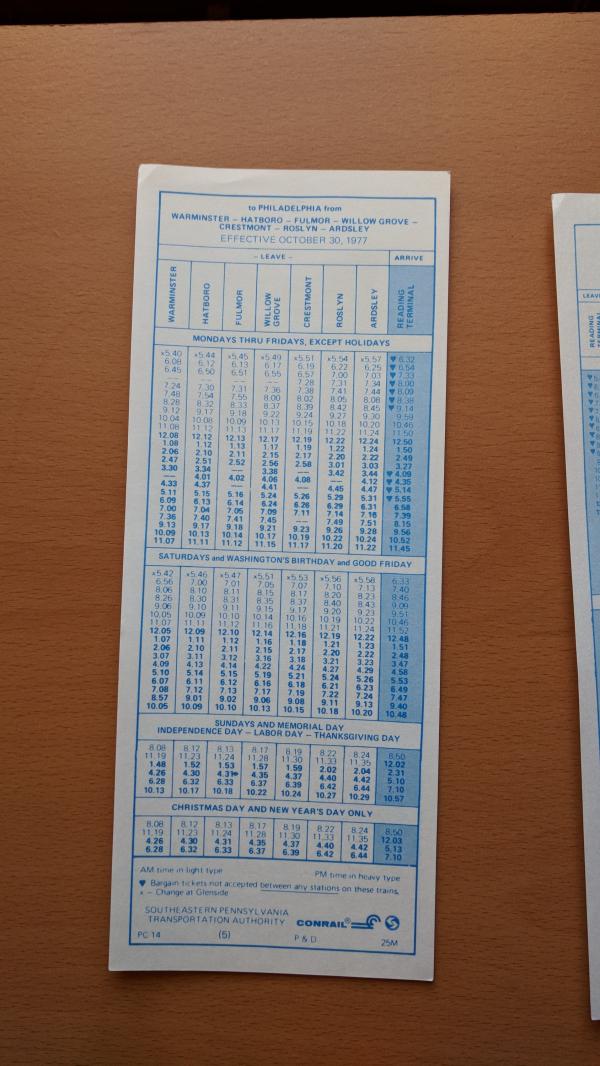 Conrail and SEPTA Schedule - Warminster, Hatboro, Fulmore, Willow Grove, Crestmont, Roslyn, and Philadelphia - 1977-10-30
