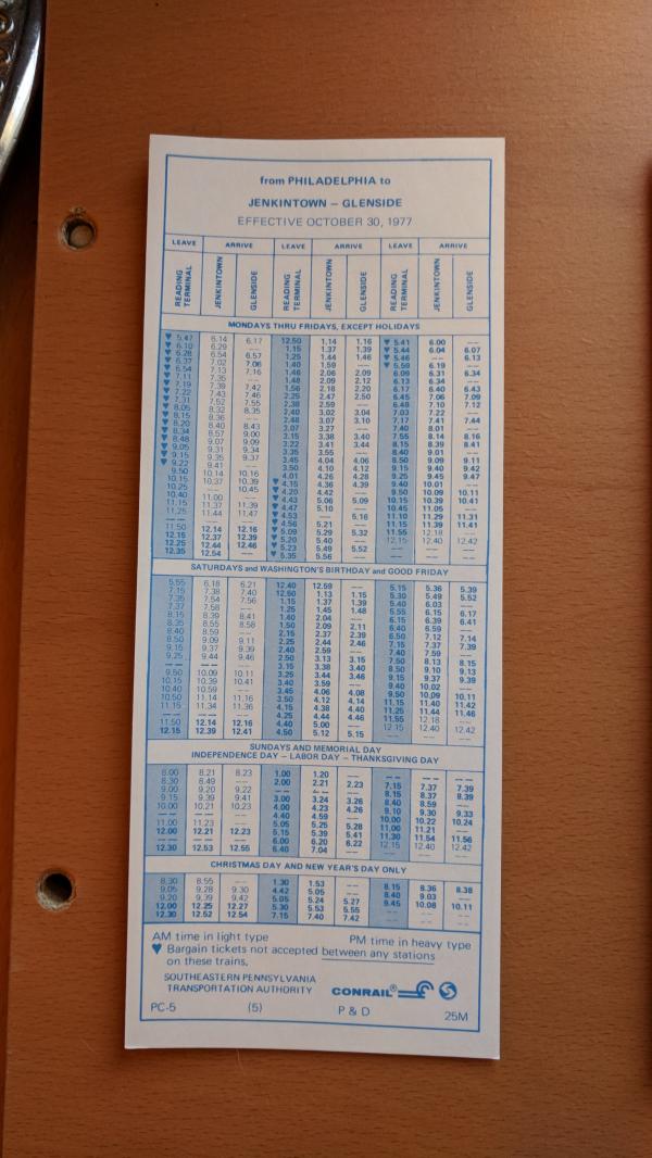 Conrail and SEPTA Schedule - Jenkintown, Glenside, and Philadelphia - 1977-10-30