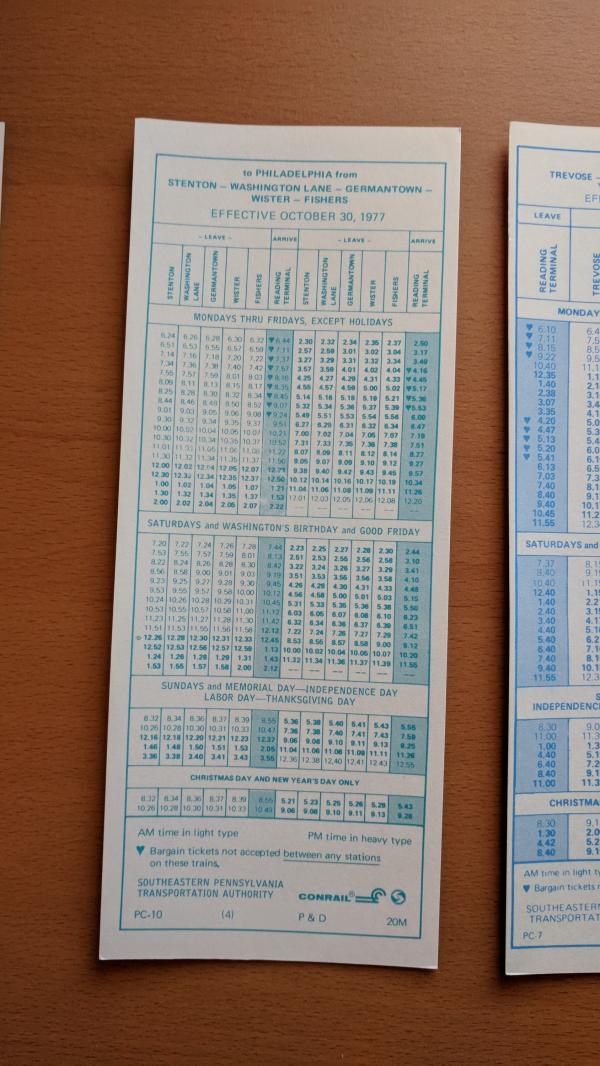 Conrail and SEPTA Schedule - Stenton, Washington Lane, Germantown, Wister, Fishers, and Philadelphia - 1977-10-30