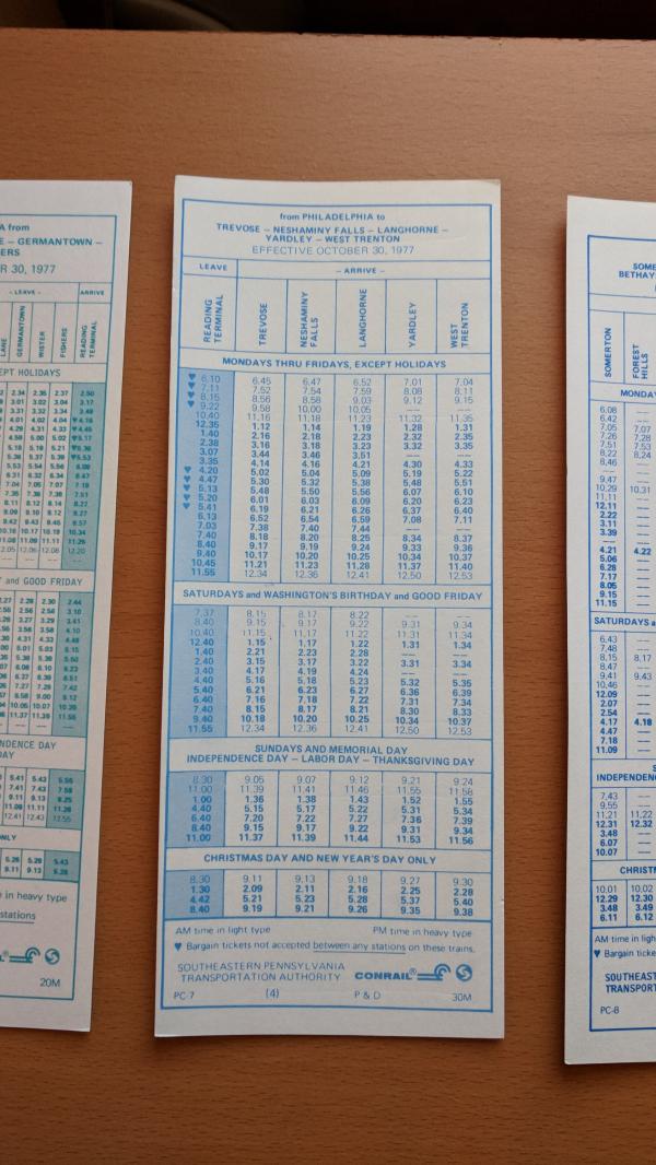 Conrail and SEPTA Schedule - Trevose, Neshaminy Falls, Langhorne, Yardley, West Trenton, and Philadelphia - 1977-10-30