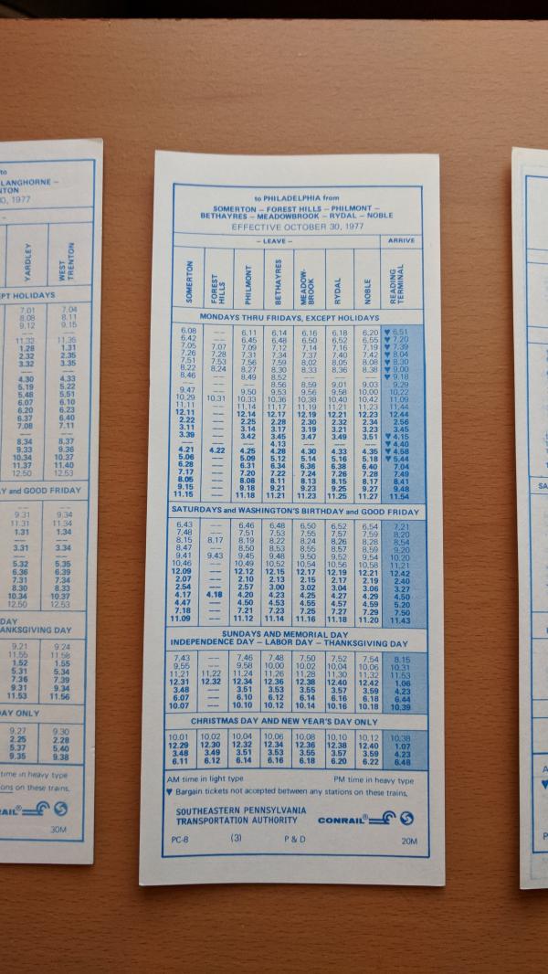Conrail and SEPTA Schedule - Somerton, Forest Hills, Philmont, Bethayres, Meadowbrook, Rydal, Noble, and Philadelphia - 1977-10-30