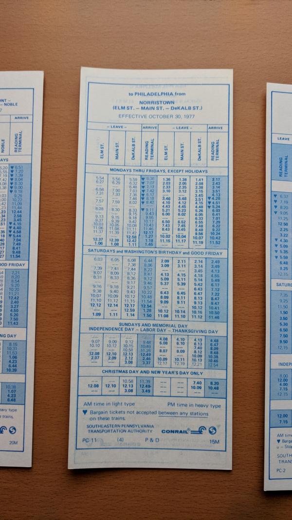 Conrail and SEPTA Schedule - Norristown, Shawmont, and Philadelphia - 1977-10-30