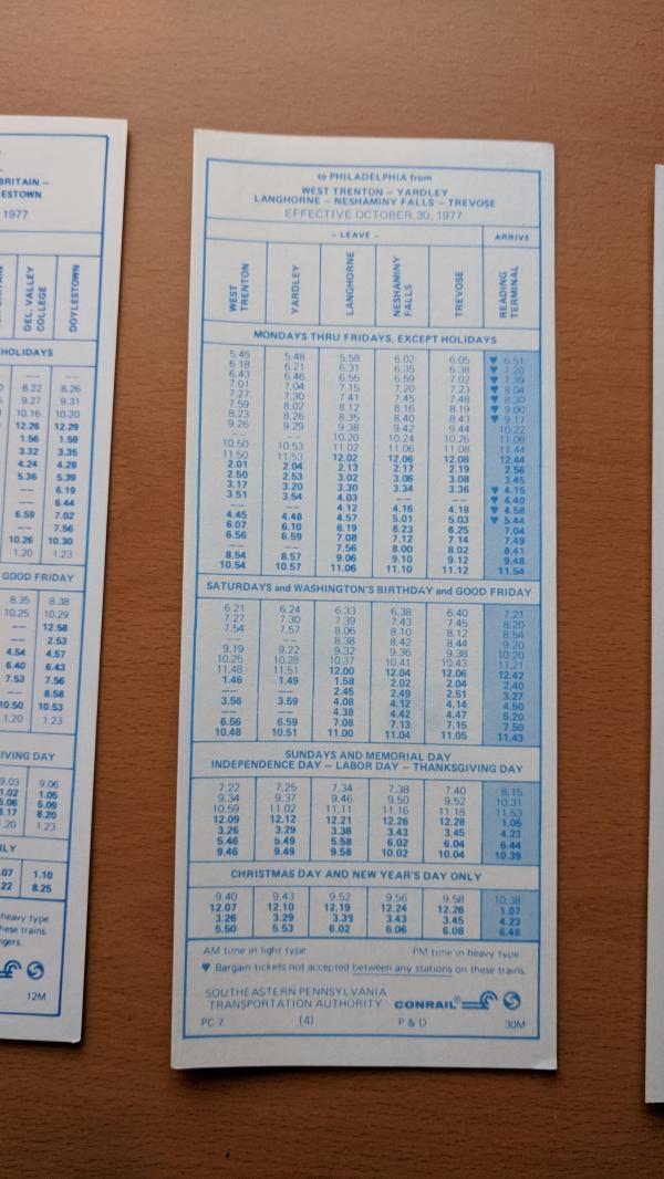 Conrail and SEPTA Schedule - West Trenton, Yardley, Langhorne, Neshaminy Falls, Trevose, and Philadelphia - 1977-10-30