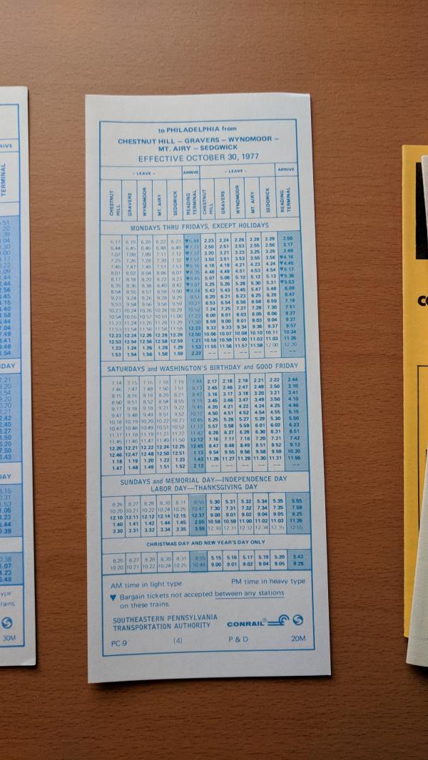Conrail and SEPTA Schedule - Chestnut Hill, Gravers, Wyndmoor, Mt. Airy, Sedgwick, and Philadelphia - 1977-10-30