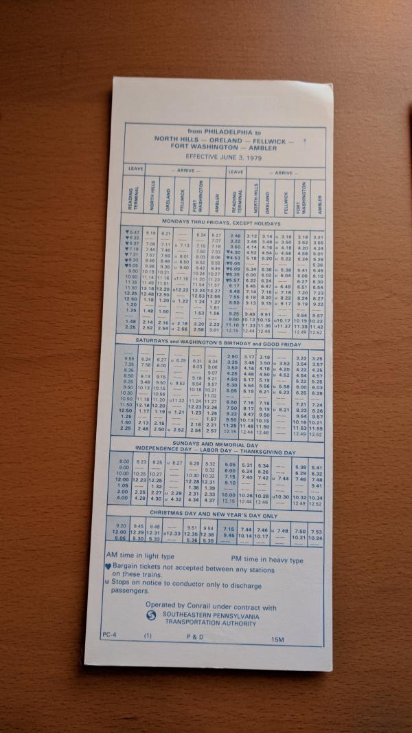 Conrail and SEPTA Schedule - North Hills, Oreland, Fellwick, Fort Washington, Ambler, and Philadelphia - 1979-06-03