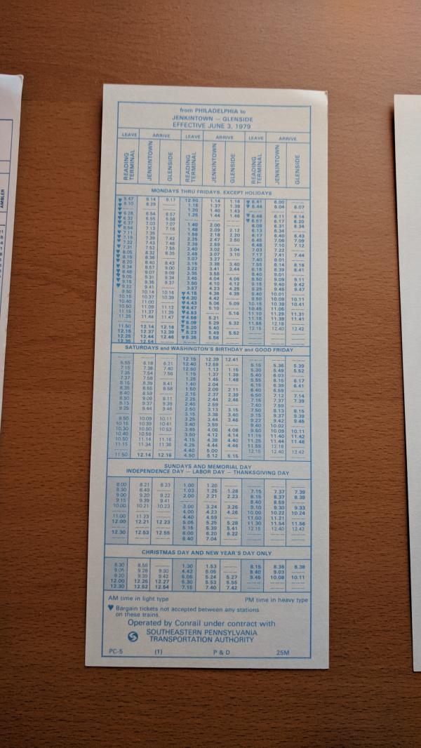 Conrail and SEPTA Schedule - Jenkintown, Glenside, and Philadelphia - 1979-06-03