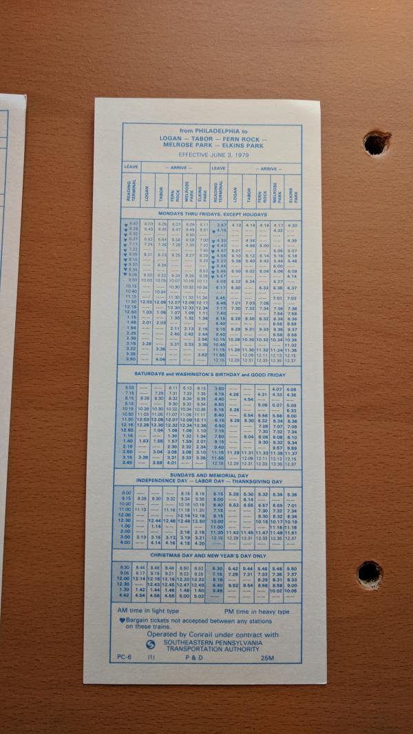 Conrail and SEPTA Schedule - Logan, Tabor, Fern Rock, Melrose Park, Elkins Park, and Philadelphia - 1979-06-03