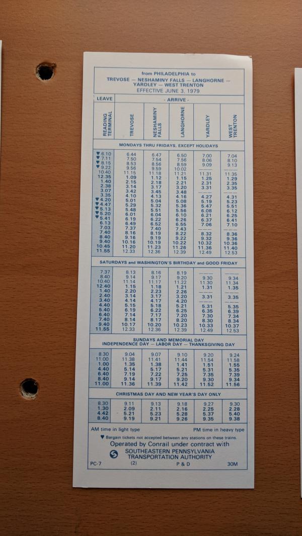 Conrail and SEPTA Schedule - Trevose, Neshaminy Falls, Langhorne, Yardley, West Trenton, and Philadelphia - 1979-06-03