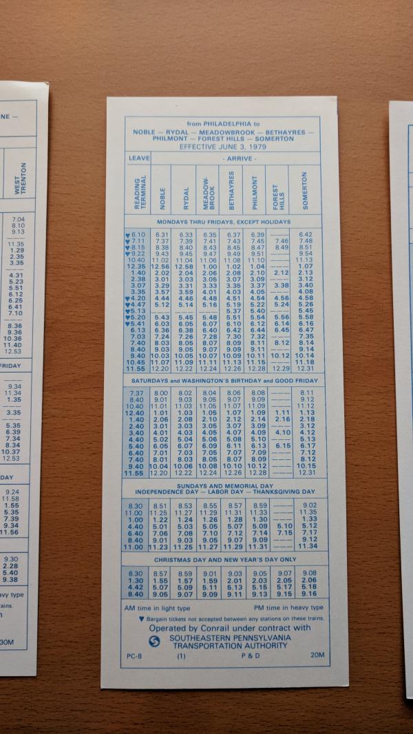 Conrail and SEPTA Schedule - Noble, Rydal, Meadowbrook, Bethayres, Philmont, Forest Hills, Somerton, and Philadelphia - 1979-06-03