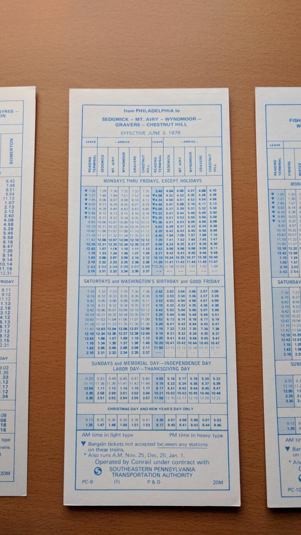 Conrail and SEPTA Schedule - Sedgwick, Mt. Airy, Wyndmoor, Gravers, Chestnut Hill, and Philadelphia - 1979-06-03