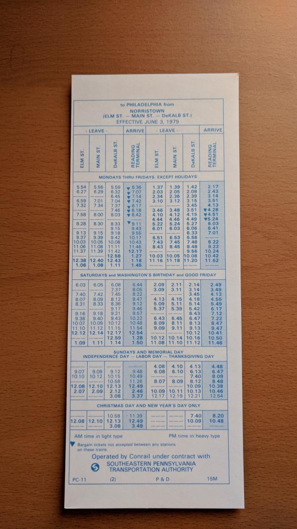 Conrail and SEPTA Schedule - Norristown, Shawmont, and Philadelphia - 1979-06-03