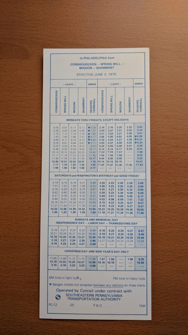 Conrail and SEPTA Schedule - Conshohocken, Spring Mill, Miquon, Shawnmont, and Philadelphia - 1979-06-03