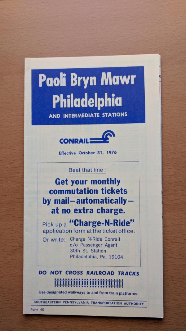Conrail and SEPTA Schedule - Paoli, Bryn Mawr, and Philadelphia - 1976-10-31