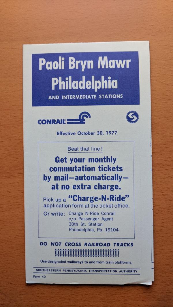Conrail and SEPTA Schedule - Paoli, Bryn Mawr, and Philadelphia - 1977-10-30