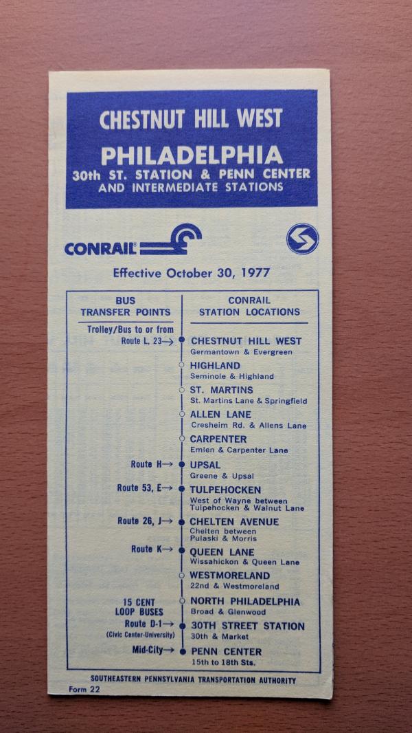Conrail and SEPTA Schedule - Chestnut Hill West and Philadelphia - 1977-10-30