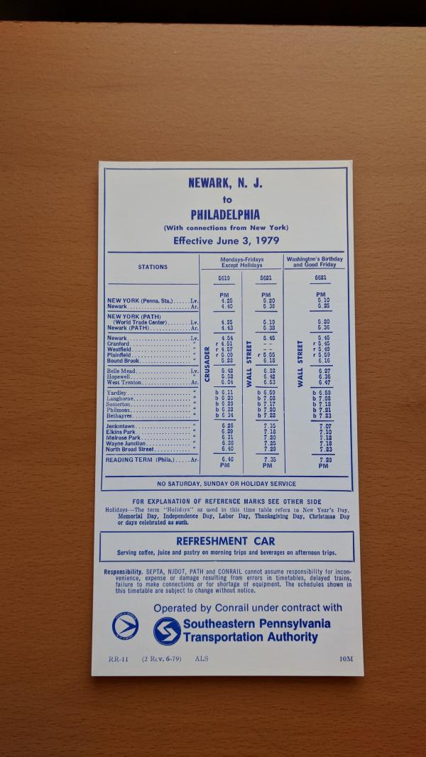Conrail and SEPTA Schedule - Philadelphia and Newark NJ - 1979-06-03