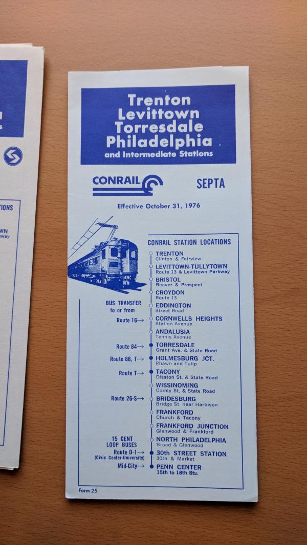Conrail and SEPTA Schedule - Trenton, Levittown, Torresdale, and Philadelphia - 1976-10-31