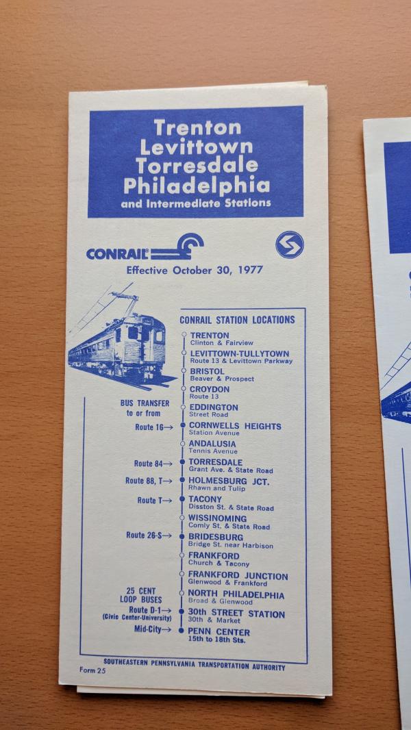 Conrail and SEPTA Schedule - Trenton, Levittown, Torresdale, and Philadelphia - 1977-10-30