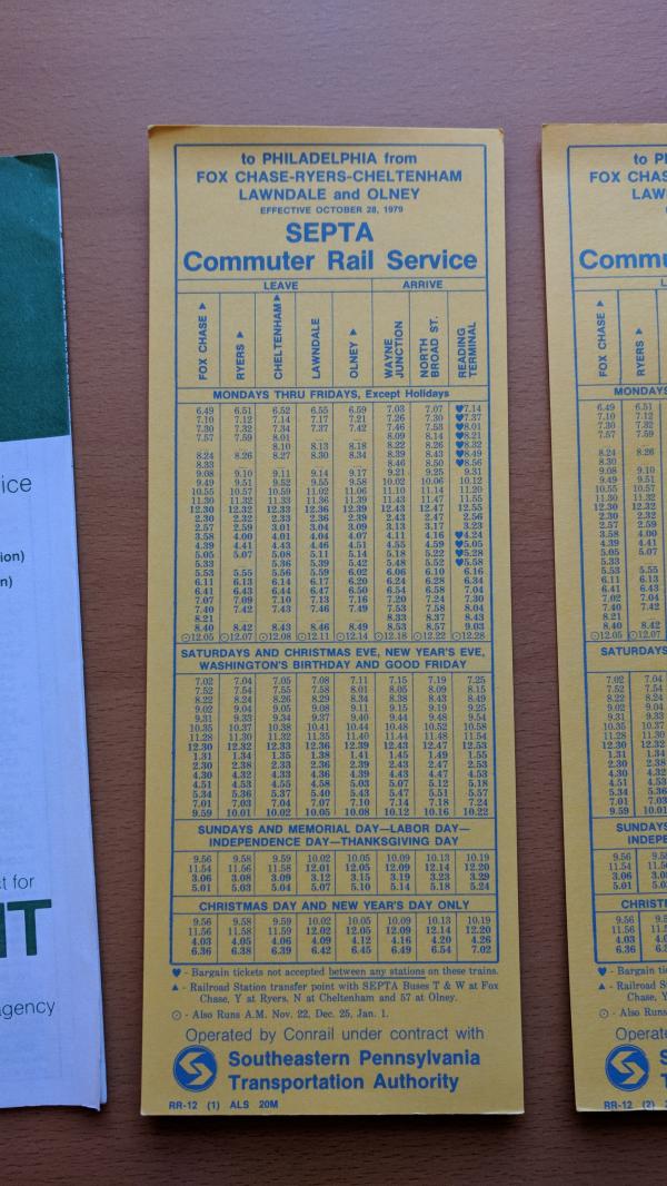 Conrail and SEPTA Schedule - Olney, Lawndale, Cheltenha, Ryers, Fox Chase, and Philadelphia - 1977-10-30