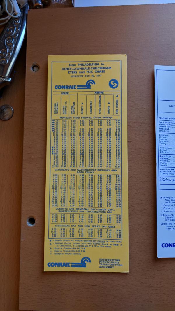 Conrail and SEPTA Schedule - Olney, Lawndale, Cheltenha, Ryers, Fox Chase, and Philadelphia - 1977-10-30