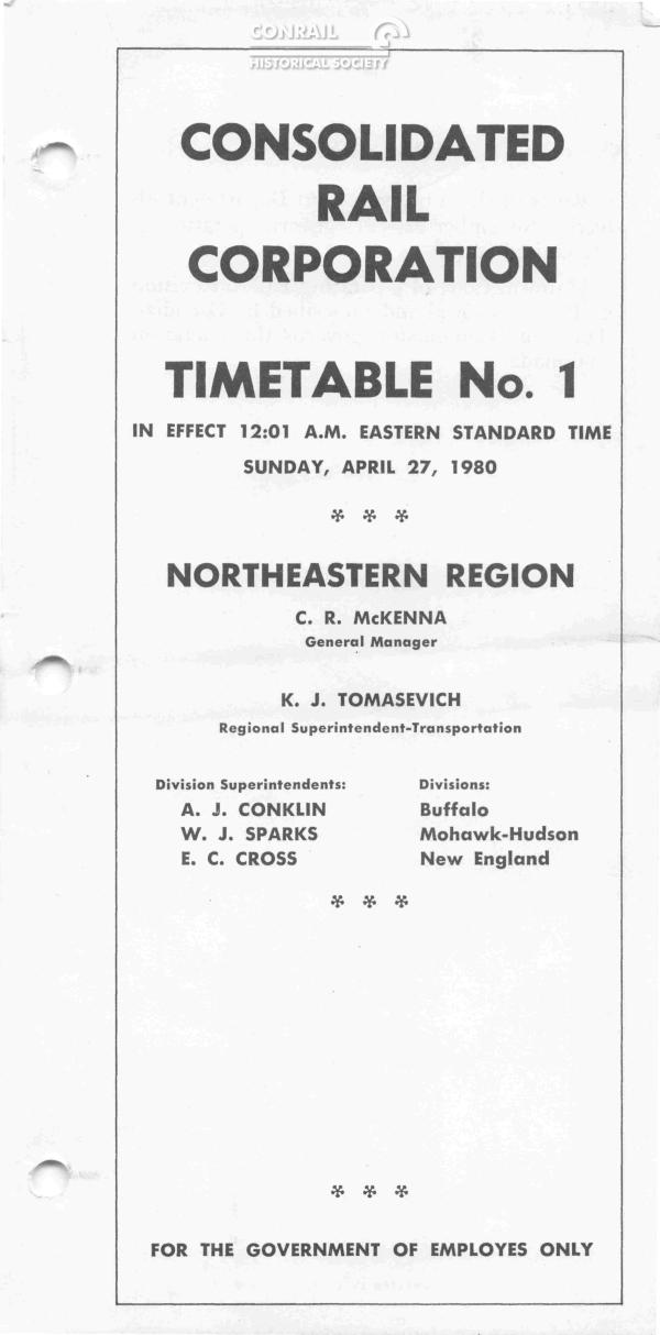 Conrail Northeastern Region Employee Timetable, 1980-04-27, No. 1