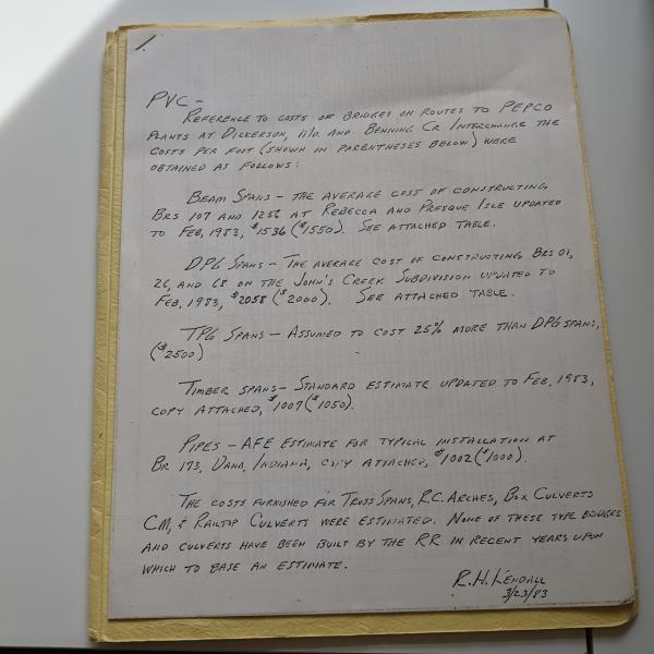 Estimate of costs of bridge construction. RH Lendhall 3/23/83