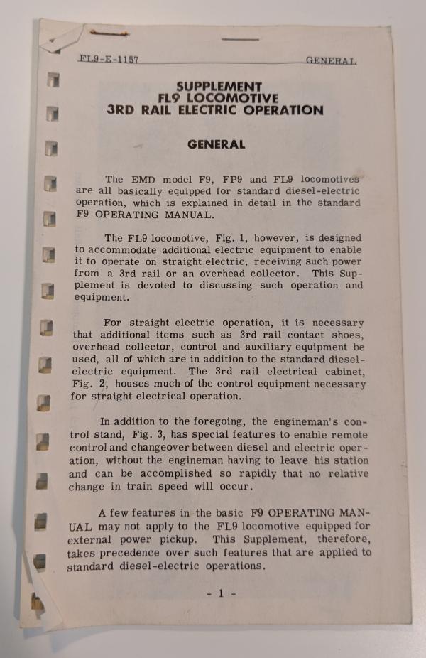 EMD FL9 Operating Manual 3RD Rail Electric Operation Supplement