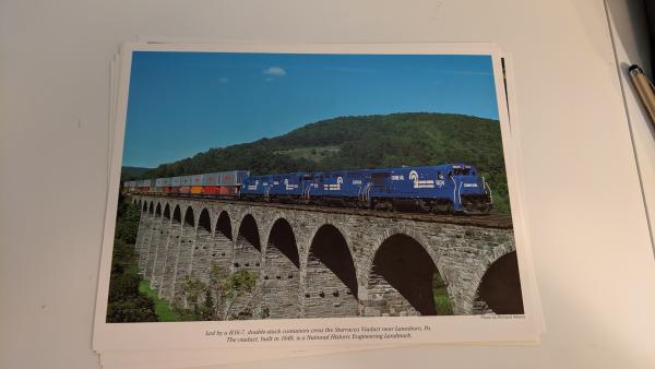 Promotional photo: Led by a B36-7, double-stack containers cross the Starucca Viaduct near Lanesboro, Pa. The Viaduct, built in 1848, is a National Historic Engineering Landmark.