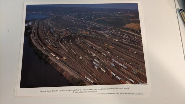 Promotional photo: Conway Yard, 20 miles northwest of Pittsburgh, is the only double-hump classification yard on the Conrail system. It also is Conrail's largest yard.