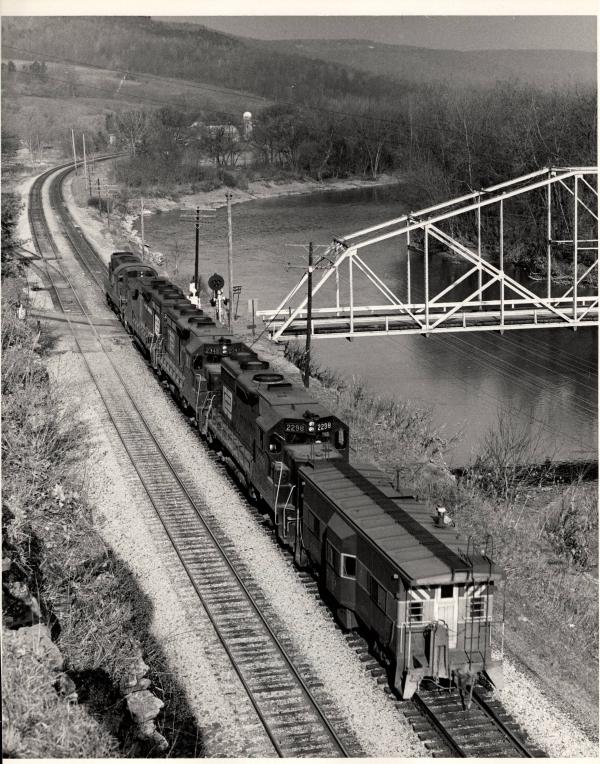 Photograph showing GP35 2298, GP35 2349 and two more locomotives at Wellsboro NY.