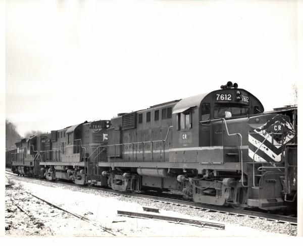 Photograph of RS11 7612, RS11 7641 and an unknown SD9 on hump duty at Allentown PA. 12/4/76