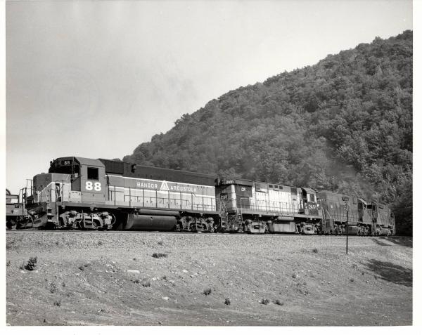 Photograph of C425 2491, GP38 7973, SD45 6155 and BAR GP38 88 on Horseshoe Curve. 5/27/77.