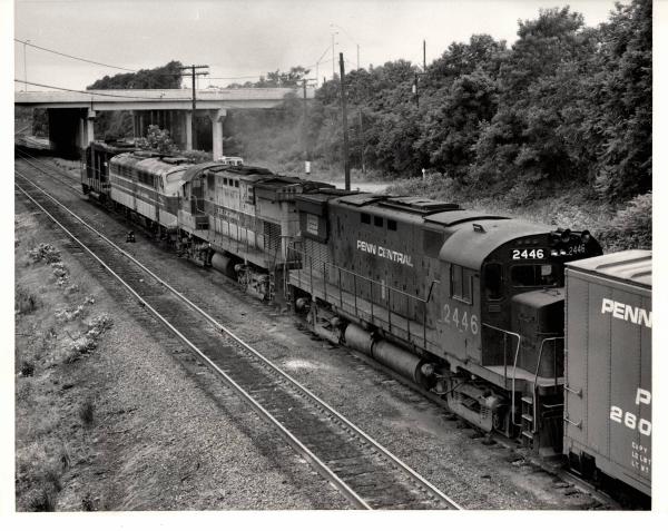 Photograph of C424 2446, C424 2408 and an unknown E8 and GP30 entering Enola Yard. 7/76