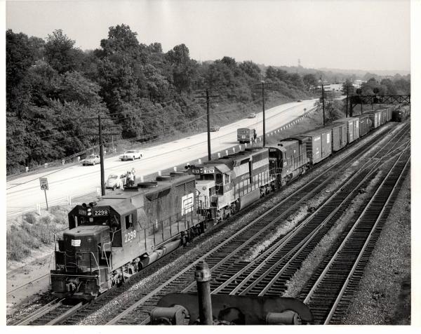 Photograph of GP35 2298, SD45-2 3674 and U33B 2930 entering Conway Yard westbound. 7/29/76