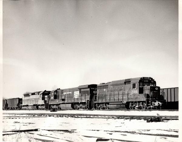 Photograph of GP30 2196, U33C 6540 and SDP45 3640 leaving Hagerstown MD. 1/8/77