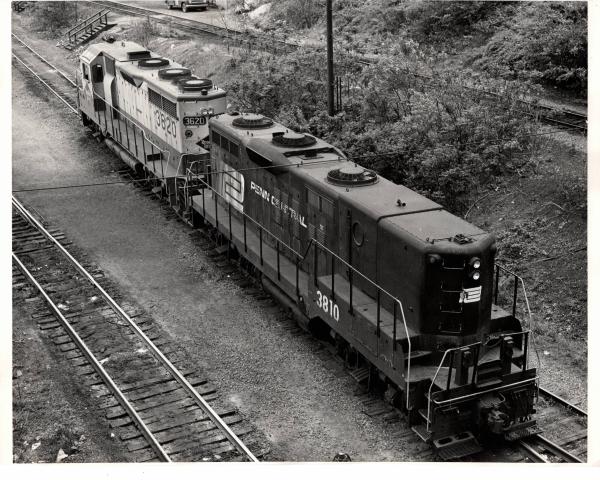Photograph of GP9B 3810 and GP35 3620 at Rutherford PA. 5/76