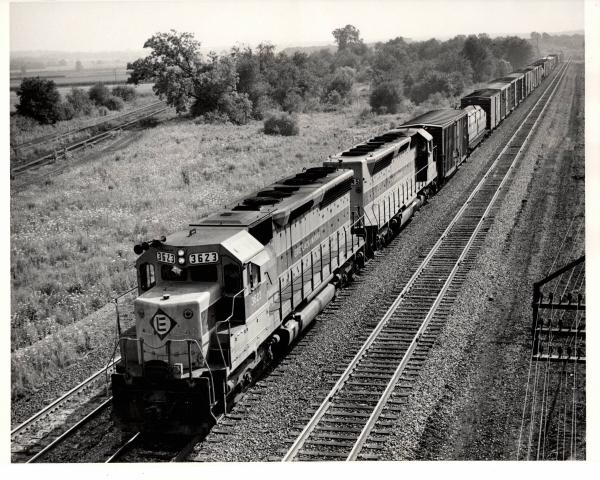 Photograph of SD45 3626 and SDP 45 3645 eastbound at Orrville OH. 7/30/76